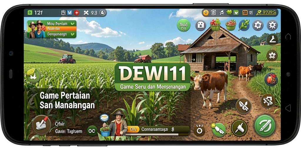 Tampilan gameplay DEWI11 yang menampilkan ladang hijau subur dan hewan ternak.