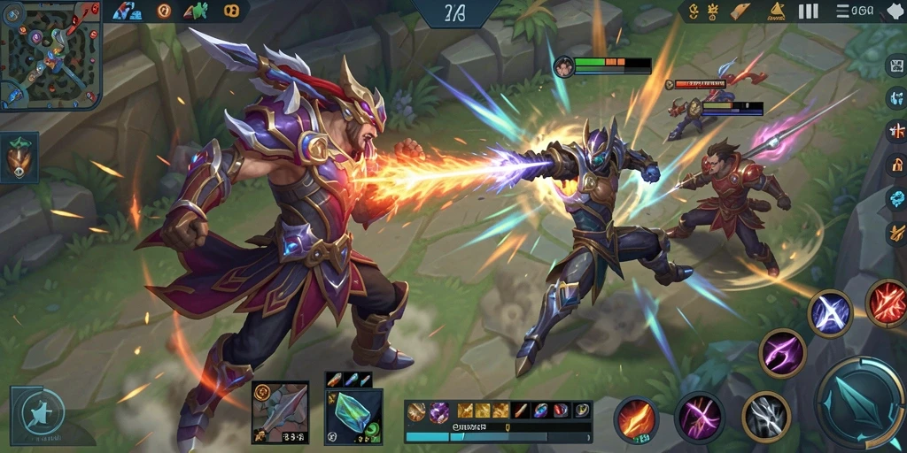 Screenshot utama G668 menampilkan pertarungan karakter MOBA yang intens.