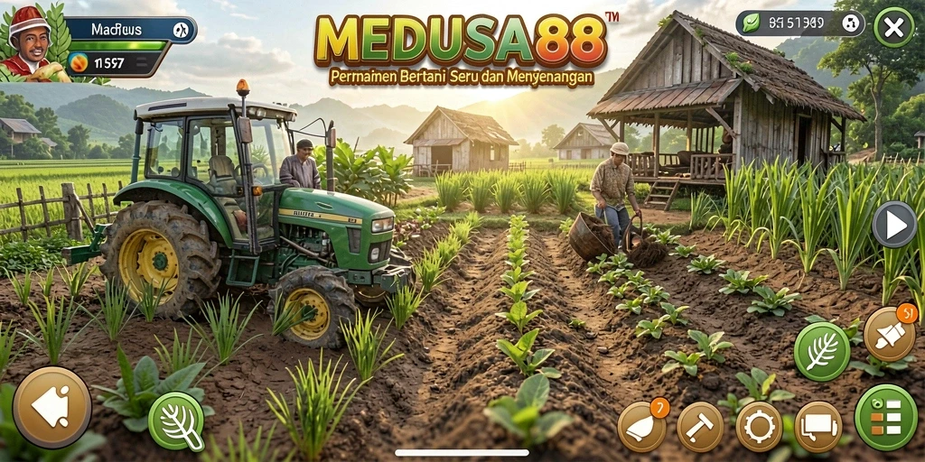 Tampilan screenshot gameplay MEDUSA88 yang menampilkan aktivitas bertani yang seru.
