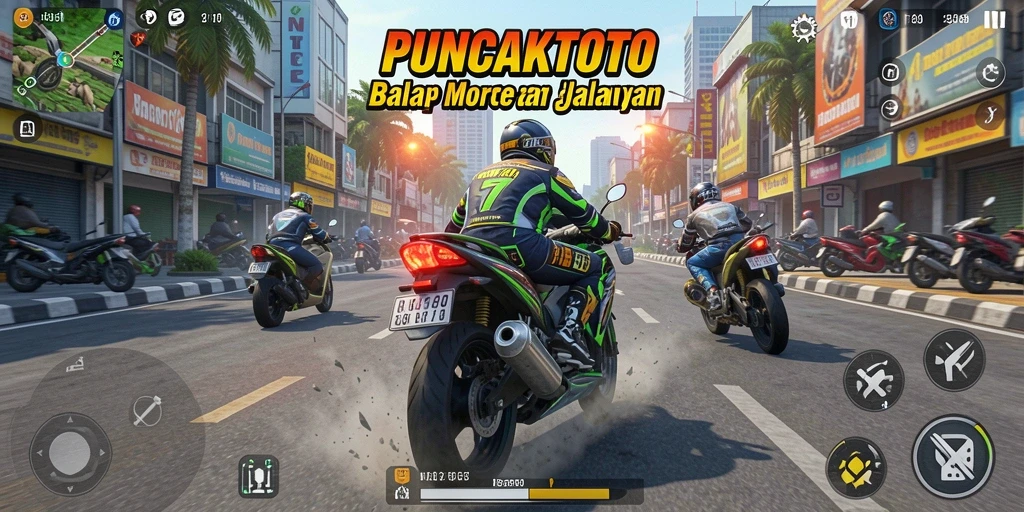Screenshot gameplay PUNCAKTOTO dengan balapan motor yang seru.