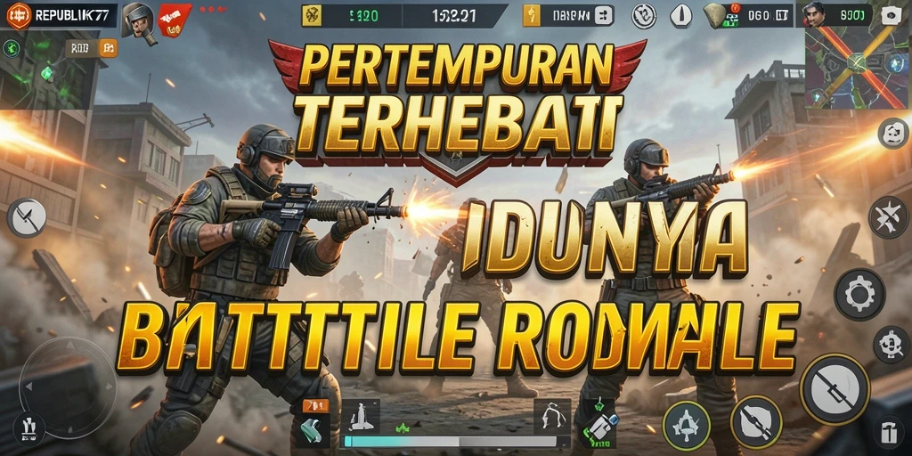 Screenshot utama REPUBLIK77 menampilkan aksi pertempuran intens dalam game Battle Royale.