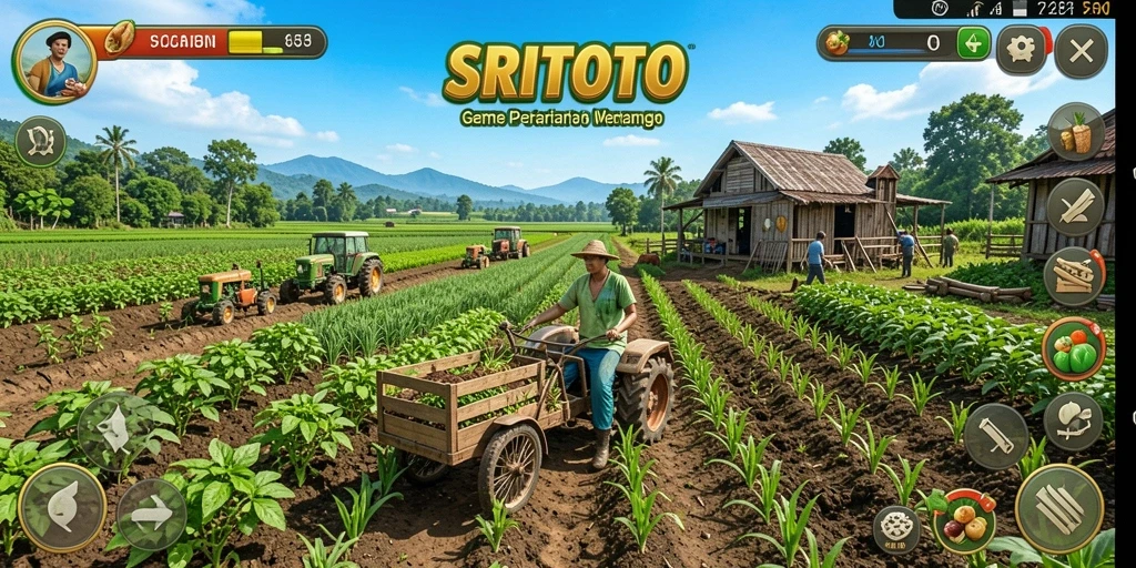 Gameplay SRITOTO menampilkan aktivitas bertani yang menyenangkan dan grafis yang indah.